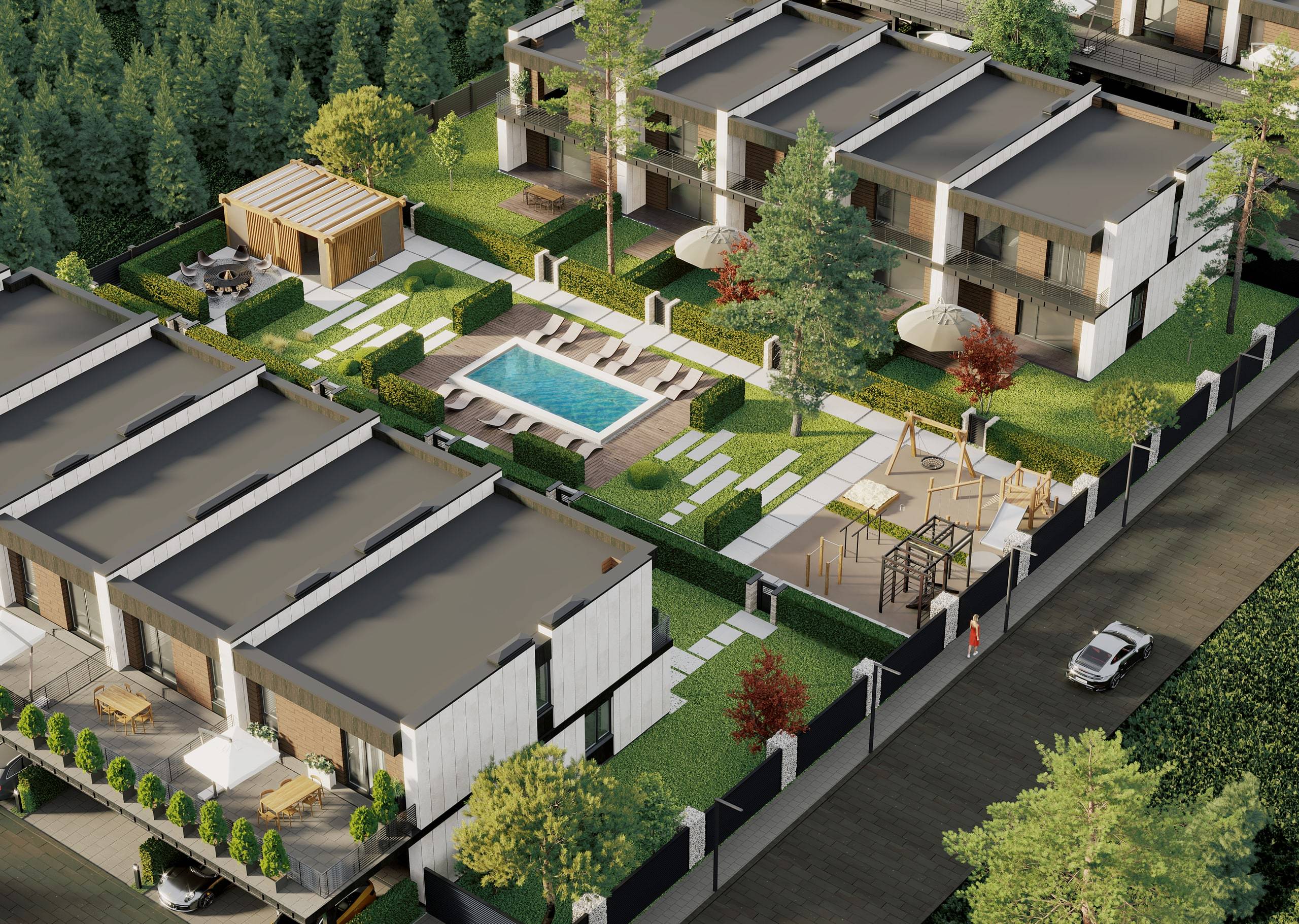 Візуалізація містечка VIDLIK Residence з висоти: ряди таунхаусів, внутрішній двір і зелень навколо